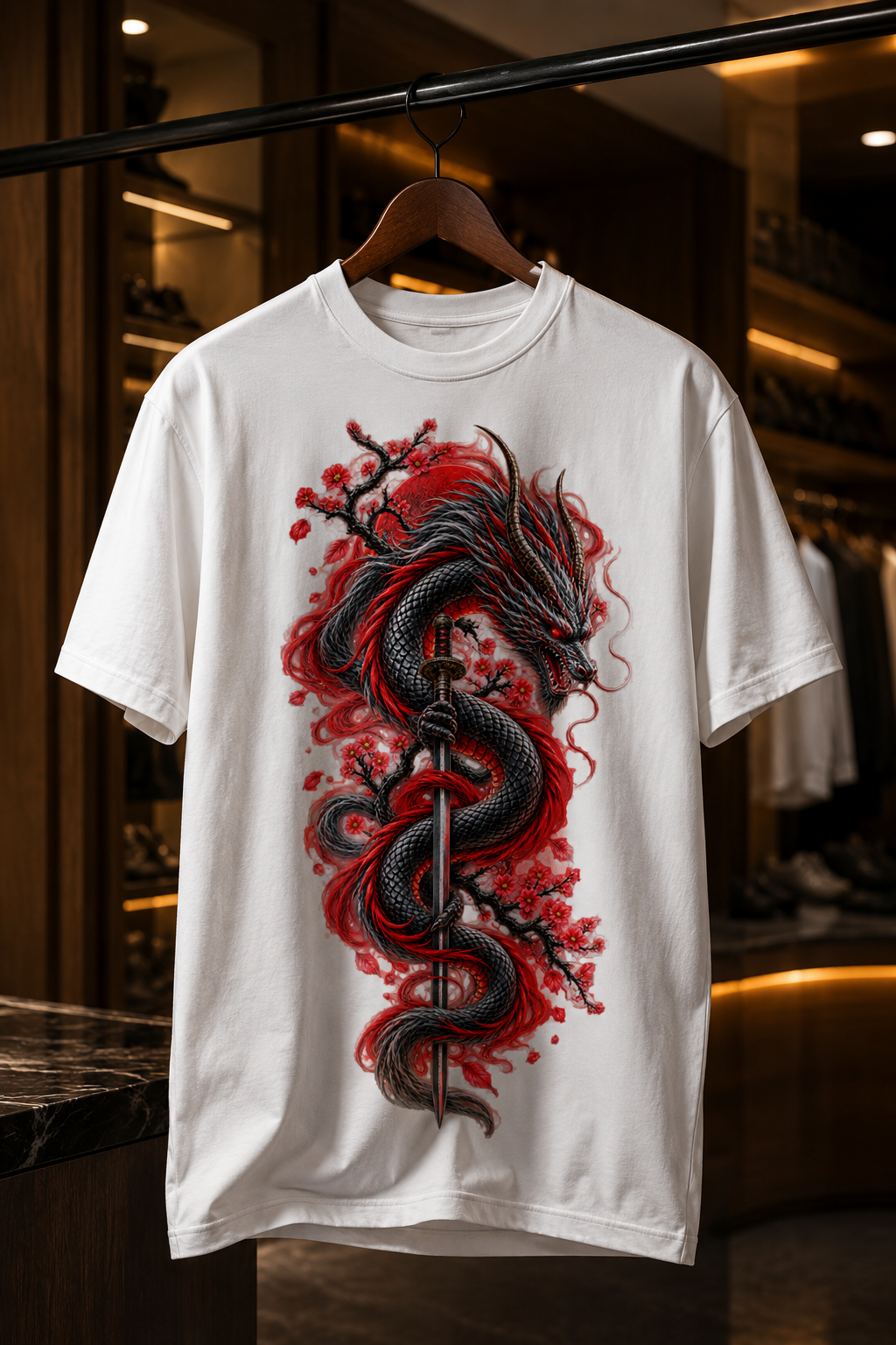 Crimson Dragon Coiled Katana T-shirt