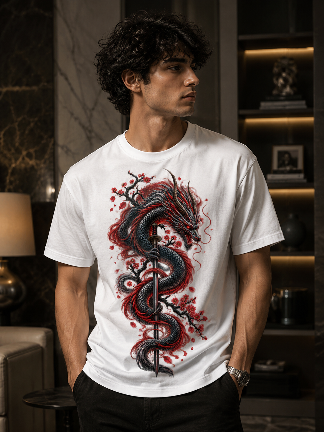 Crimson Dragon Coiled Katana T-shirt